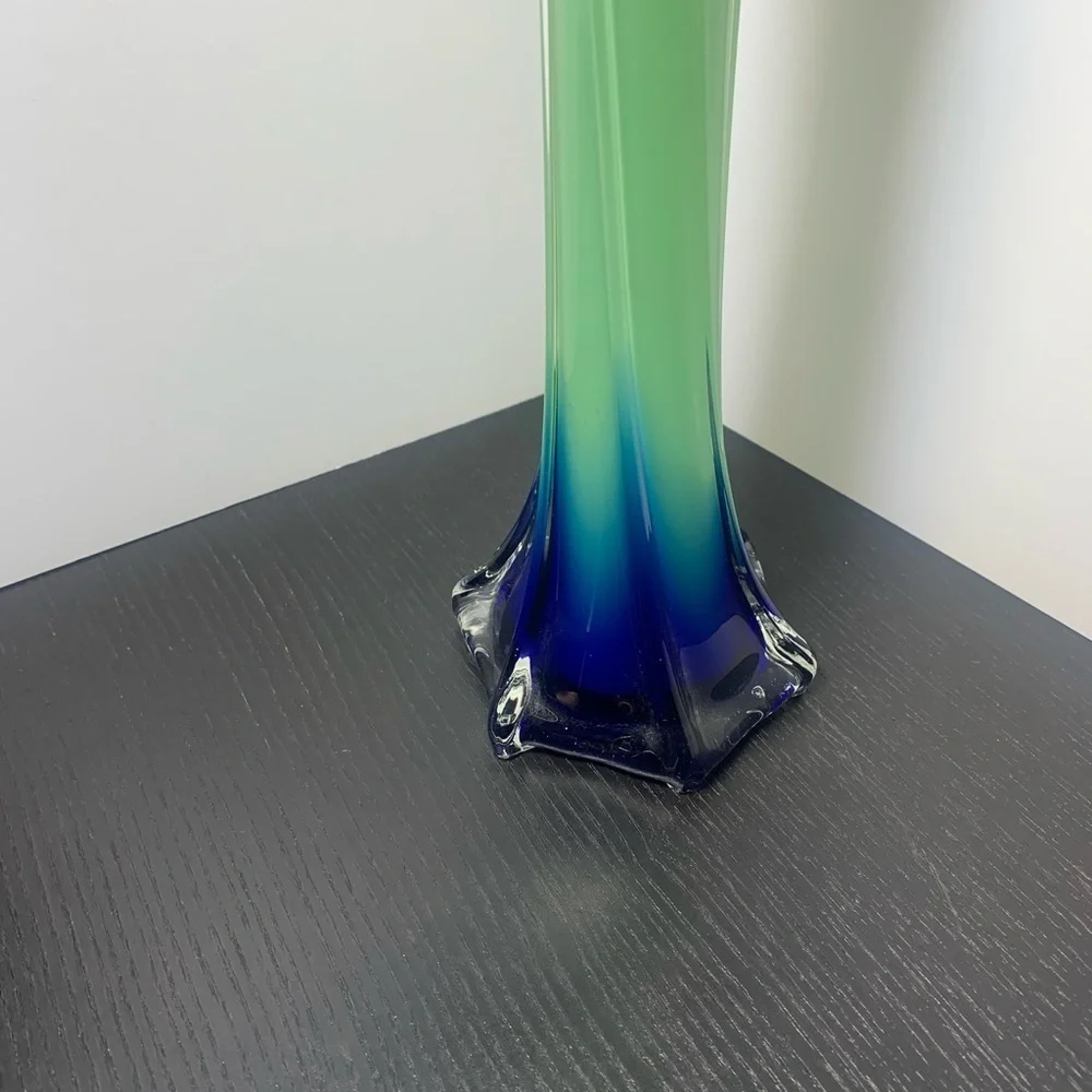 Hand Blown Murano Styled Art Glass Trumpet Tulip Vase Lime Green Blue